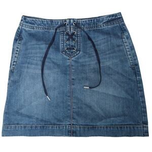 Ann Taylor LOFT Blue Denim Lace-Up Front Mini Skirt Size 6 Cotton Zip Back